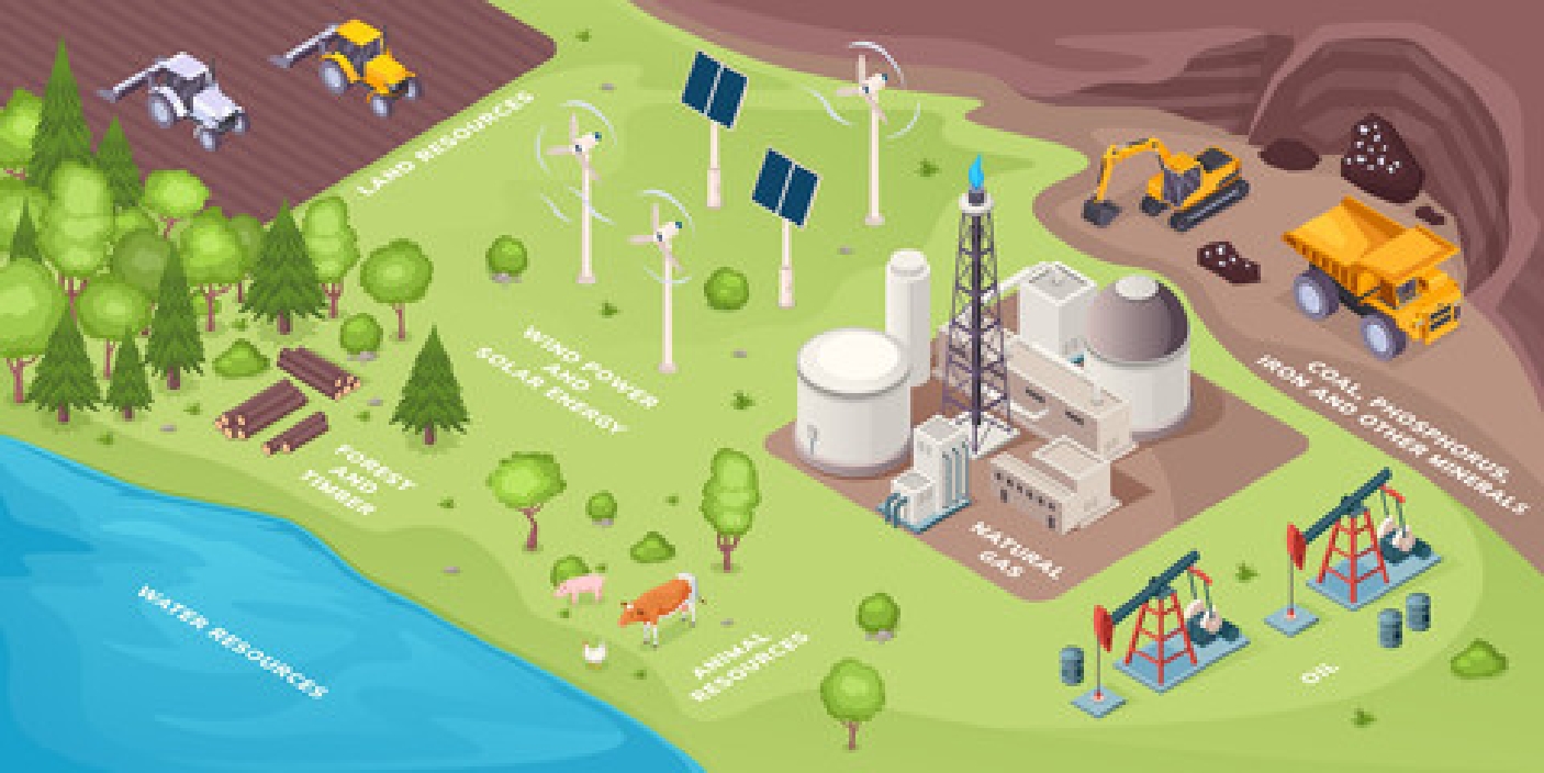 Schematische Darstellung der Energieversorgungsanlagen in einer stilisierten Gegend